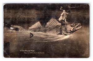 Postcard I Finally Got Him Man With Axe Riding Fish Exaggeration RPPC c1913