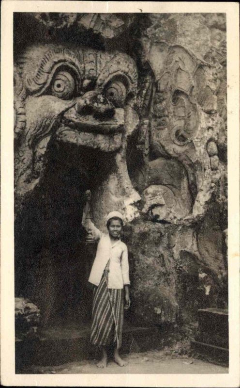 Bali Indonesia Native Boy & Carved Ruins Entrance Used Real Photo Postcard