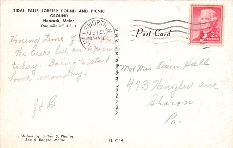 HANCOCK MAINE  TIDAL FALLS LOBSTER POUND~PICNIC GROUND~AERIAL VIEW POSTCARD 1956