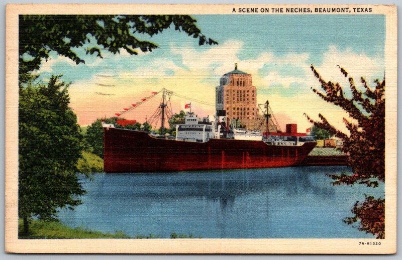 Beaumont Texas 1942 Postcard Steamship Freighter On the Neches River