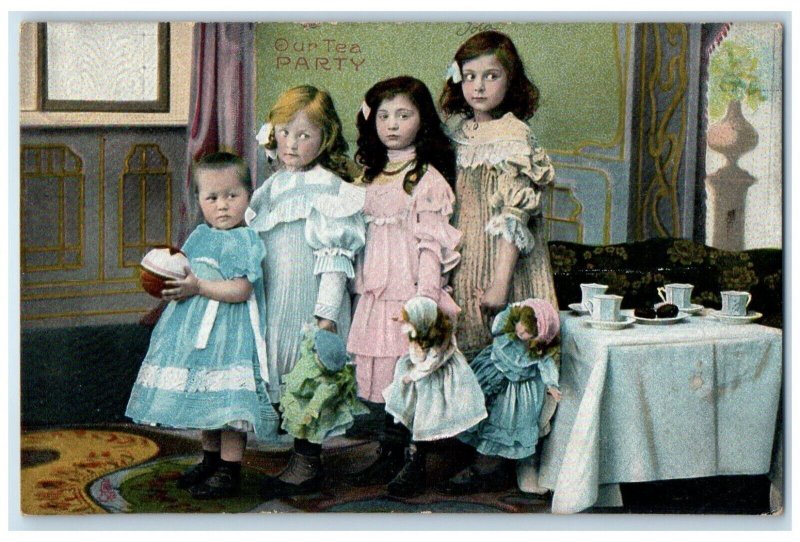 1908 Children Girls Our Tea Party Cottage Grove Minnesota MN Tuck's Postcard