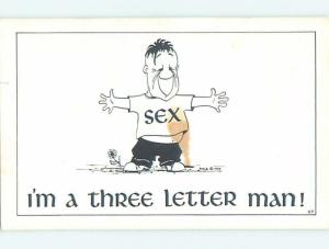 Pre-1980 risque comic THREE LETTER MAN - THE WORD SEX ON HIS T-SHIRT HL3580