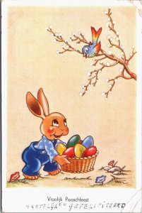 Happy Easter Bunny With Bird And Easter Eggs Vintage Postcard 03.61