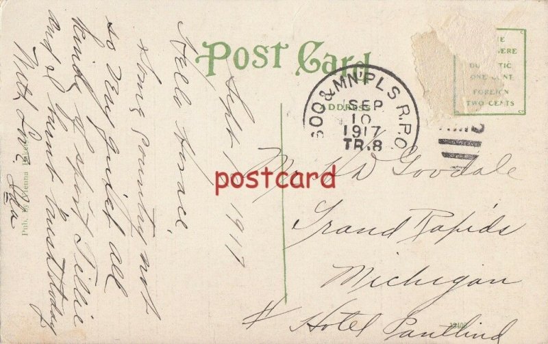 1917 LADYSMITH WI Miner Ave, postmarked SOO & MNPLS Railway Post Office Train 8