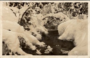 RPPC Sweden Rustic Snow Scene Along the Creek Real Photo Postcard V7