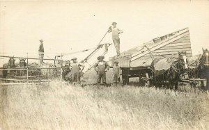 RPPC Work Men & Horsedrawn Combine Wheat Header in Field Agriculture Unknown US