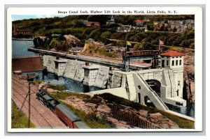 Vintage 1920's Postcard Train Locomotive Barge Canal Lock Little Falls New York