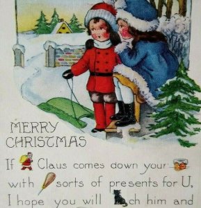 Christmas Postcard Whitney Children Sled Unique Photo Text Santa Claus Black Cat