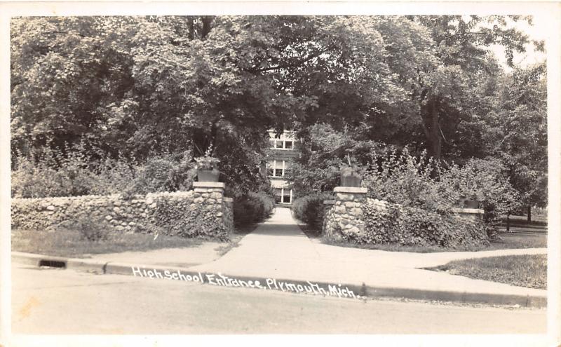 Plymouth Michigan~High School Entrance~Stone Wall Around Grounds~1950 RPPC