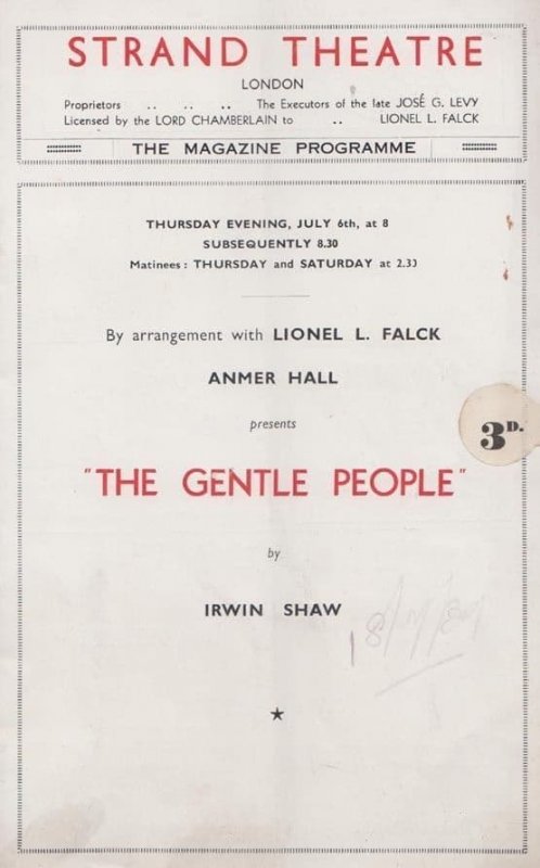 Gentle People Anmer Hall Gina Malo Old Strand Theatre London Theatre Programme