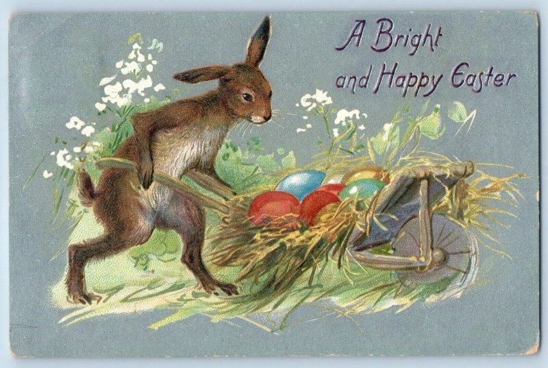 Easter Postcard Rabbit Pushing Cart With Eggs Embossed Paterson NJ Tuck No. 112