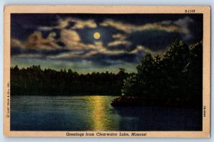 1954 Missouri MO Vintage Postcard Greetings From Clearwater Lake Night Moonlight