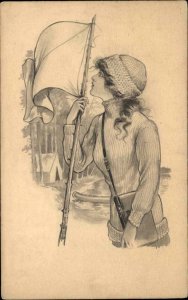 Pretty Girl with Flag Winter Hat c1910 Vintage Postcard