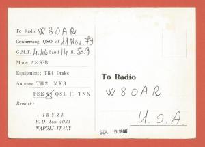 QSL AMATEUR RADIO CARD – NAPLES, ITALY – 1980 – CARTOON IMAGE