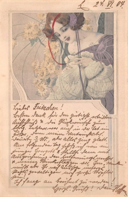 BEAUTIFUL WOMAN UMBRELLA ART NOUVEAU GERMANY BAVARIA DEPOSE POSTCARD 1904
