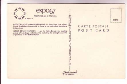 Great Britain Pavilion, Expo 67, Montreal Quebec, Offical Post Card