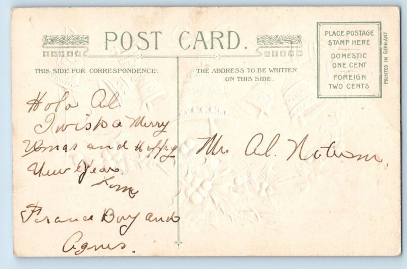 Christmas Postcard Wishes Ringing Bells Holly Berries Winsch Back Embossed