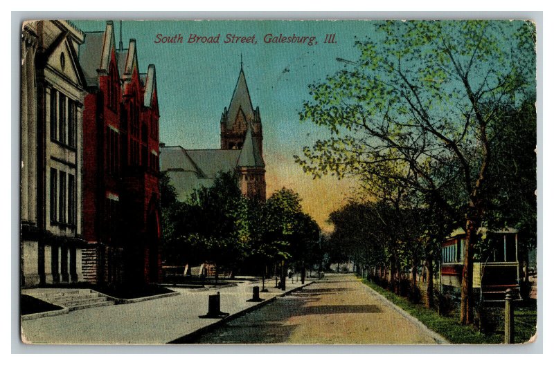 Postcard IL South Broad Street Galesburg, ILL Vintage Standard View Card Trolley