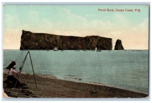 1913 Perce Rock Gaspe Coast PQ Canada Painting Boating Viewing Postcard