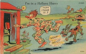 Dog Camping Outhouse Travel Humor Walters Linen Teich Postcard 8385