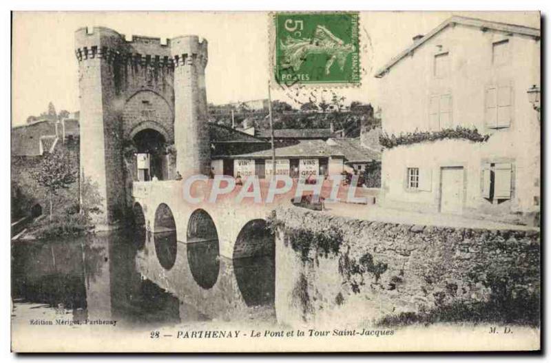 Old Postcard Parthenay Bridge and the Tower Saint Jacques