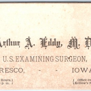 c1870s Cresco, IA Arthur A Eddy MD US Examining Surgeon Thick Business Card C42