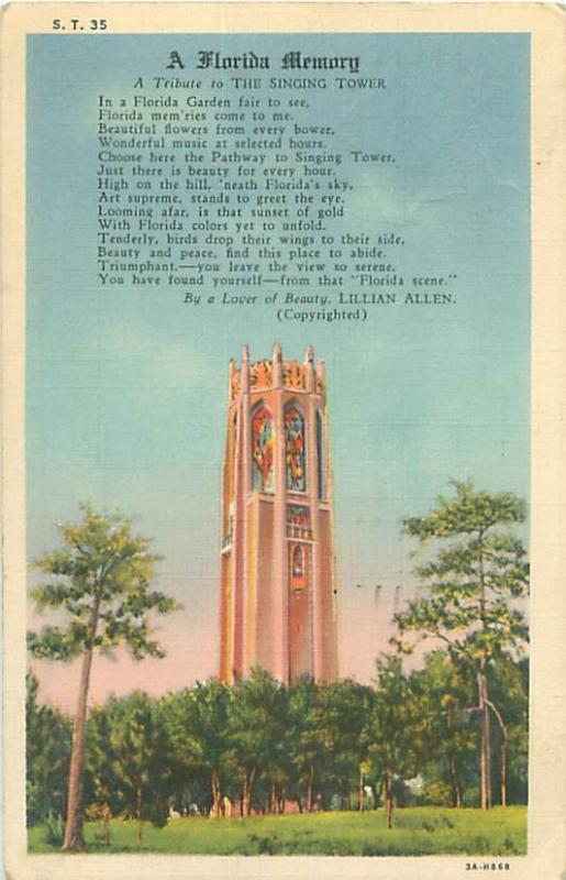 Florida, Tribute to the Singing Tower by Lillian Allen 1938 Postcard