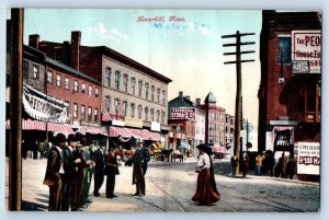 Haverhill Massachusetts Postcard Street scene Crowd Horse Carriage Building 1910