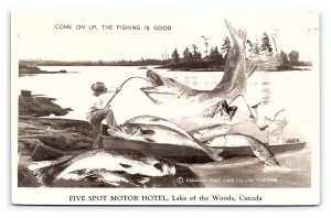 Five Spot Motor Hotel Lake Of The Woods Canada Exaggeration Postcard Fishing