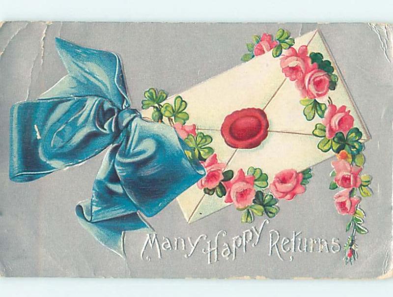 Divided-Back BEAUTIFUL PINK ROSE FLOWERS & BLUE RIBBON & ENVELOPE o9167