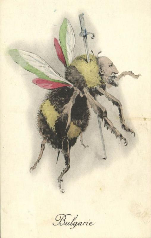 WWI Caricature Bulgaria Czar Ferdinand I as Bee Killed with Sabre (1910s)