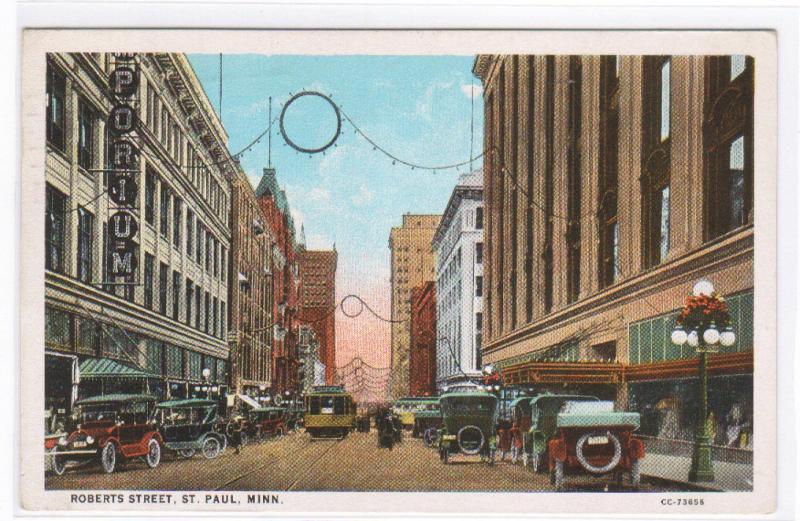 Roberts Street Cars St Paul Minnesota 1928 postcard