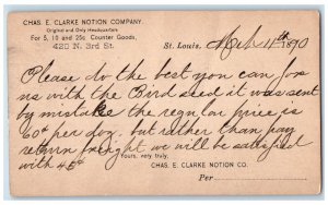 1890 Bird Seed Missent Chas E. Clarke Notion Company St. Louis MO Postcard 