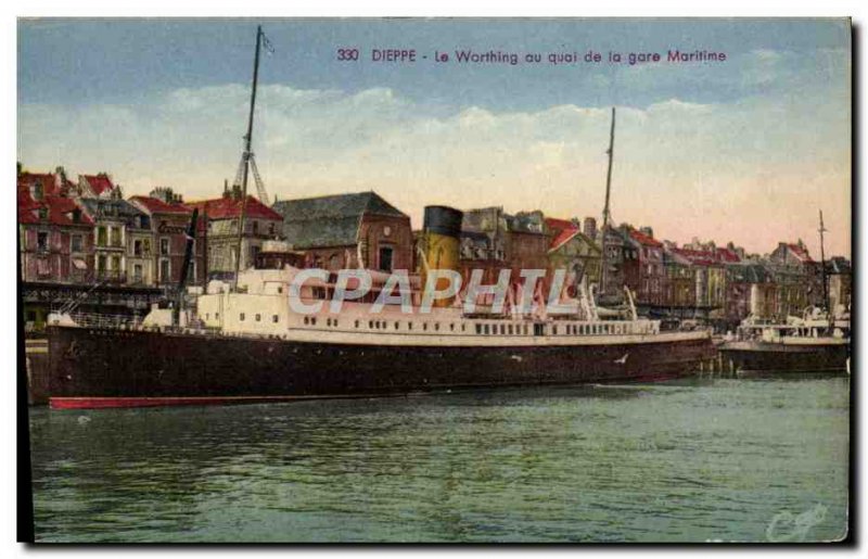Old Postcard Boat Ship Dieppe Worthing pier at the ferry terminal