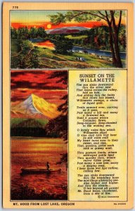 Oregon OR, Mt. Hood From Lost Lake, Sunset On The Willamette, Poem, Postcard