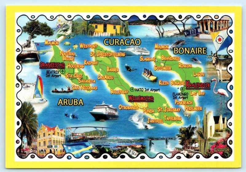 2 Illustrated Map Postcards CURACAO &  ARUBA & BONAIRE Caribbean  4x6