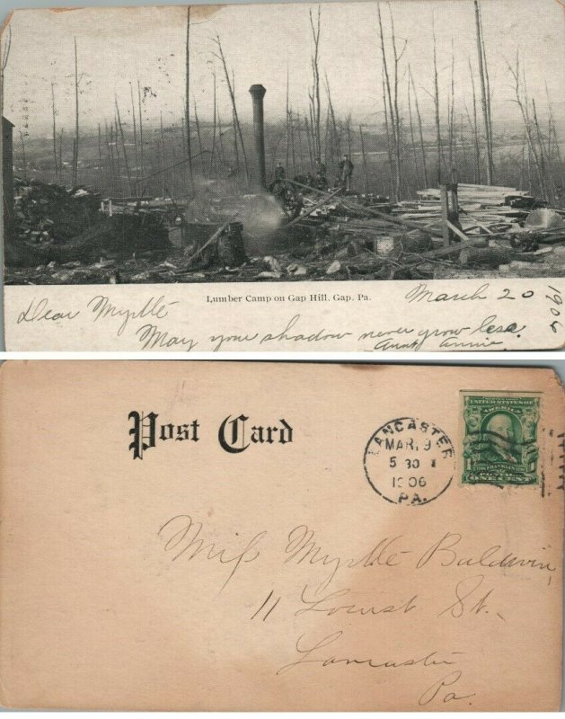 ANTIQUE 1906 UNDIVIDED POSTCARD LUMBER CAMP ON GAP HILL GAP PA