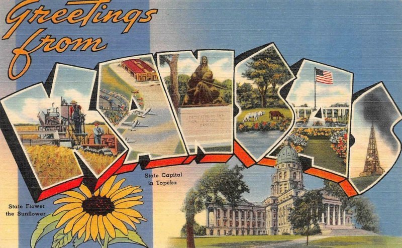 KS Kansas  LARGE LETTER~Linen & STATE FLAG~Chrome   *TWO*  Postcards