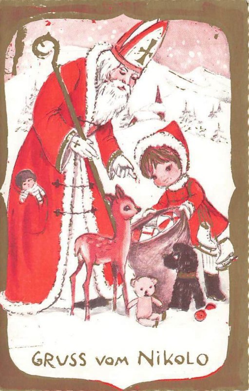 Santa Claus Deer And Girl Look At Sack Of Toys VTG P83