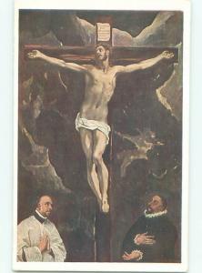 foreign c1910 Religious Postcard PRIEST PRAYS BY JESUS CROSS CRUCIFIXION AC2907