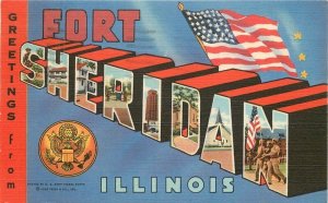 Illinois Fort Sheridan Large letters multi View Teich linen Postcard 22-9931