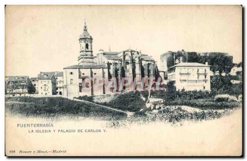 Old Postcard Fuenterrabia Spain Espana Spain La iglesia y Palacio de Carlos V