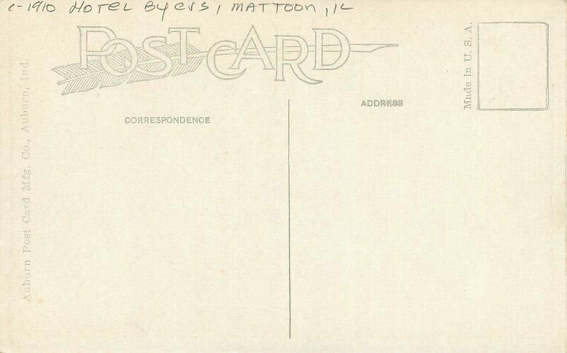 Auburn C-1910 Corner Hotel Byers Mattoon Illinois Postcard Autos 9803