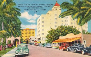Vintage Linen Postcard Las Olas Blvd Fort Lauderdale FL Hotel Scene
