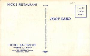 Muskogee Oklahoma Hotel Baltimore Nicks Restaurant Linen Antique Postcard K22075