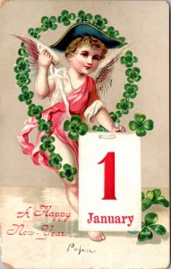 Happy New Year Postcard Cherub Angel Four Leaf Clover January Calendar