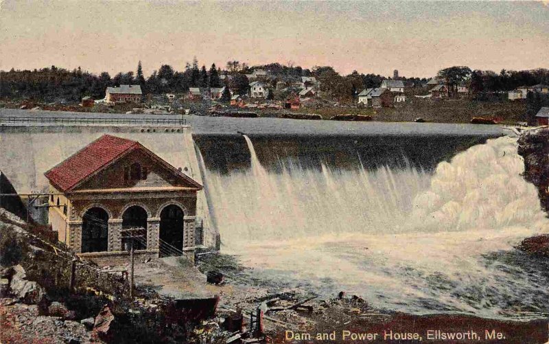 Dam & Power House Ellsworth Maine 1910c postcard