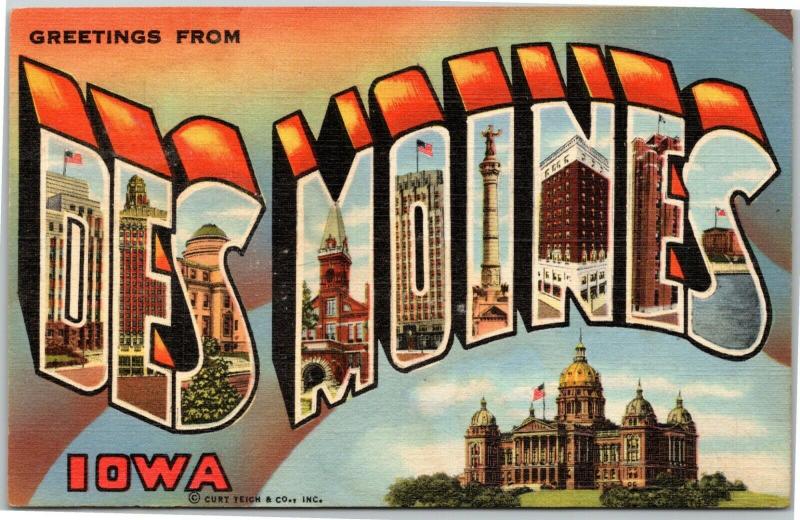 Greetings from Des Moines Iowa - Large Letter Curt Teich 4B-H1519