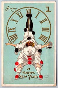 New Year~Pierrot Harlequin Clowns Acrobat on Midnight Clock~1908 Julius Bien