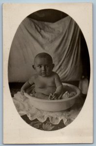 c1910's Cute Fat Baby Boy Bathing RPPC Photo Unposted Antique Postcard